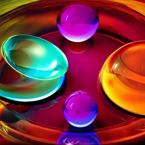 Prompt: glass art bowl filled with colored glass ball shapes, colorful glass art, caustics, warm colors, beautiful lighting, museum piece, style of flavie audi, 3 d rendering, octane rendering, highly detailed, epic