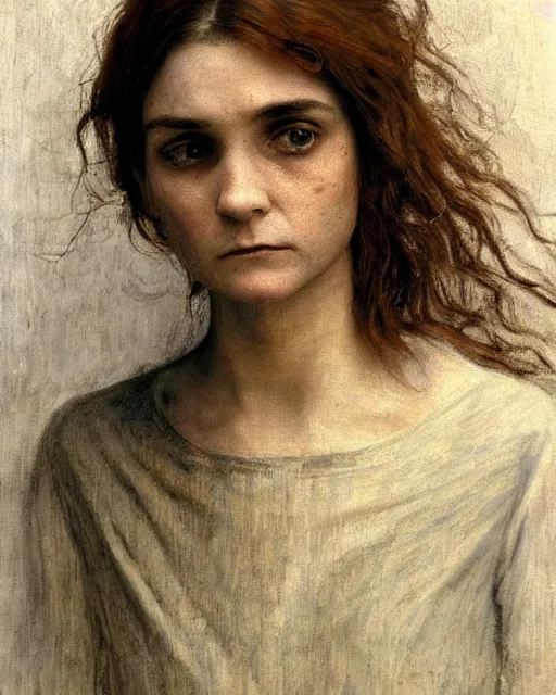 Image similar to a beautiful but sinister girl who looks like a young shirley henderson in dead space, with haunted eyes and crazy hair, 1 9 7 0 s, seventies, delicate embellishments, a little blood, crimson, painterly, offset printing technique, by jules bastien - lepage
