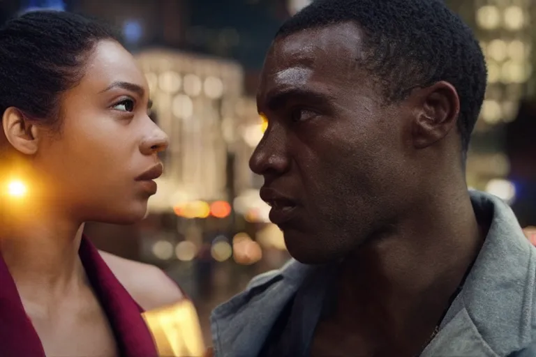 Image similar to movie powerful hero interracial couple closeup, DC Marvel fashion, VFX powers at night in the city, city street, beautiful skin, natural lighting by Emmanuel Lubezki