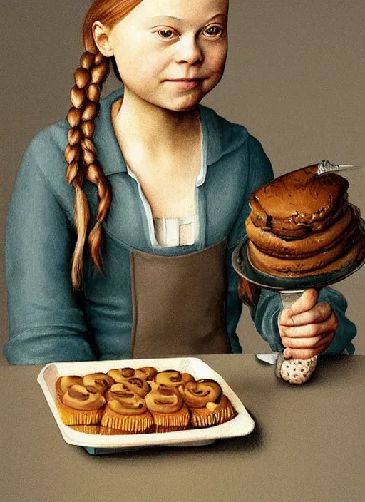 Image similar to greta thunberg eating cakes painted by hieronymus bosch, detailed digital art, trending on Artstation