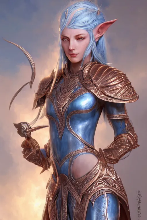 Image similar to a beautiful and highly detailed digital illustration of a female elven paladin with blue hair in rose gold armor, a digital painting by lu ji and karol bak, cgsociety, fantasy art, cryengine, concept art, photorealism, daz 3 d, sketchfab, zbrush