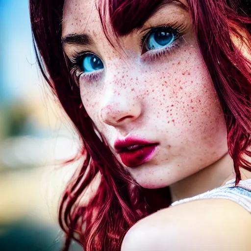 Prompt: close up half face portrait photograph of a live action anime princess with stars in her irises, deep red lipstick and freckles. Wavy long hair. she looks directly at the camera. Slightly open mouth, face covers half of the frame, with a building visible in the background. 135mm nikon. Intricate. Very detailed 8k. Sharp. Cinematic post-processing. Award winning portrait photography