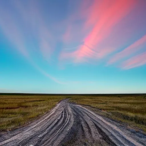 Image similar to wide angle photograph of a road cutting through an empty prairie that leading out into space, twilight, fine details