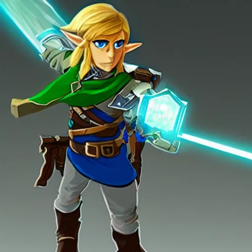 Image similar to link from zelda as a cyborg warrior robot