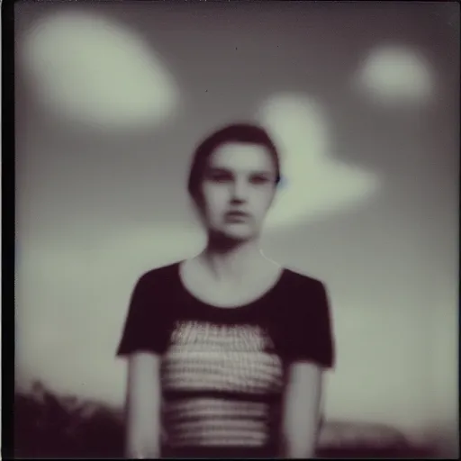Image similar to a polaroid portrait of a beautiful young woman, detailed clouds, a ufo is visible in the sky, heavy film grain, color bleed