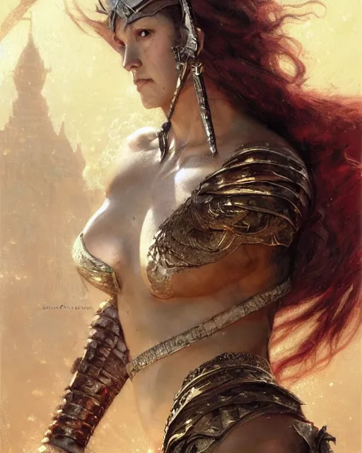 Image similar to a fierce and muscular warrior princess in scale mail, fantasy character portrait by greg rutkowski, gaston bussiere, craig mullins