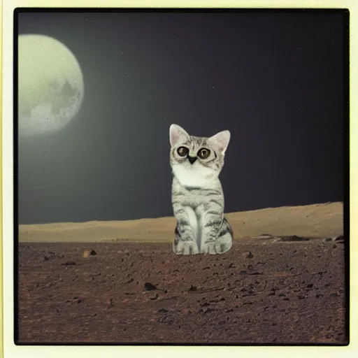 Image similar to polaroid of a cat and aliens together on mars
