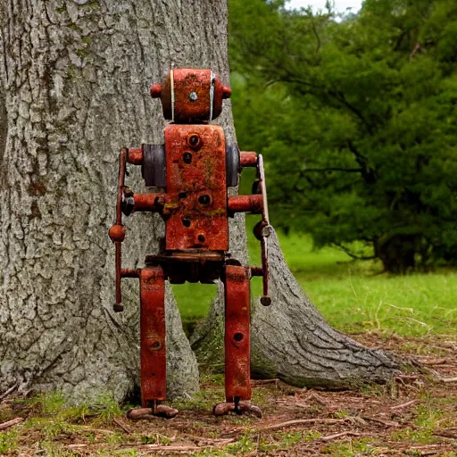 Image similar to rusty robot sitting by a tree, auction catalogue photo