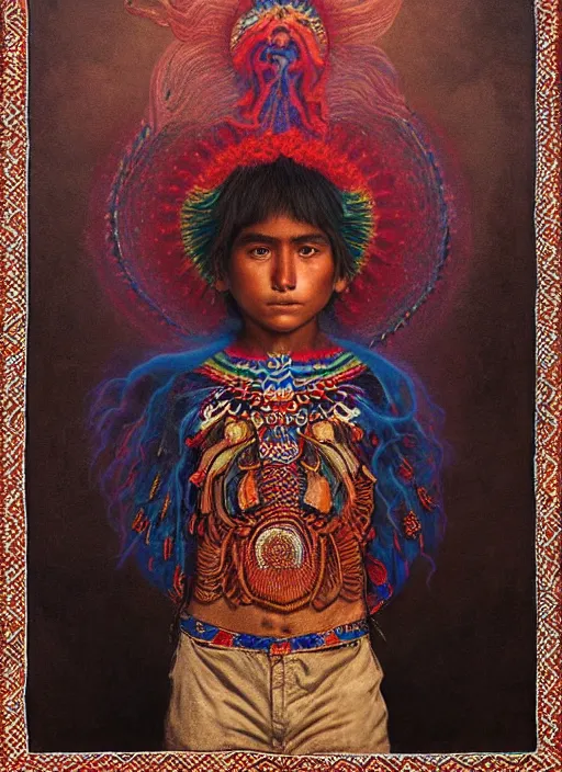 Image similar to portrait of a magical huichol boy in oaxaca mexico, by agostino arrivabene and tom bagshaw and manuel sanjulian