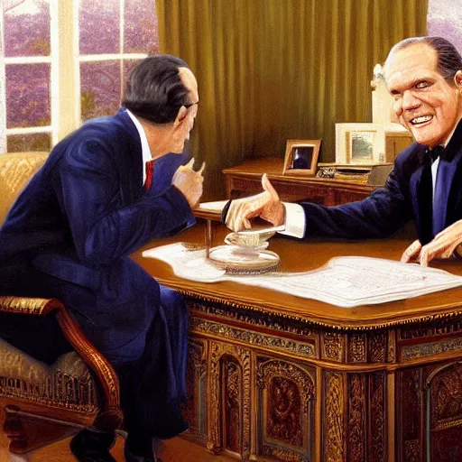 Prompt: walter kronkite slapping president richard nixon in the oval office, highly detailed, elegant, an oil painting by ross tran and thomas kincade, realistic lighting,
