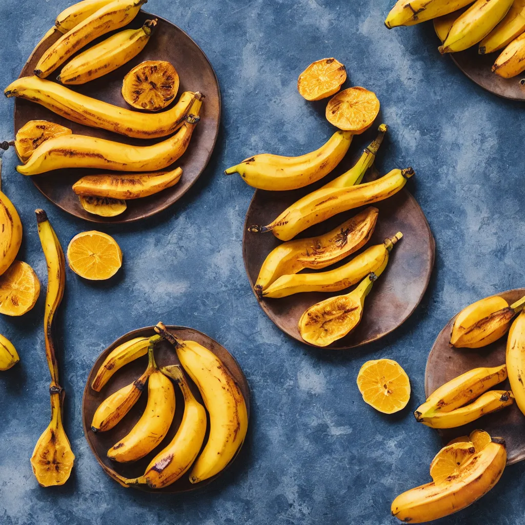 Prompt: roasted bananas with decorative orange skin, in designer plate with flowery pattern, closeup, hyper real, food photography, high quality