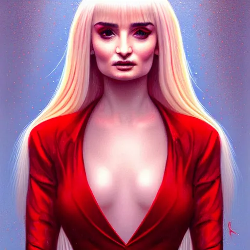 Image similar to UHD Photorealistic Kim Petras wearing a red dress with hyperrealistic, correct details, ultrarealistic dynamic lighting, symmetrical face, accurate face, in the style of art nouveau by Greg Rutkowski