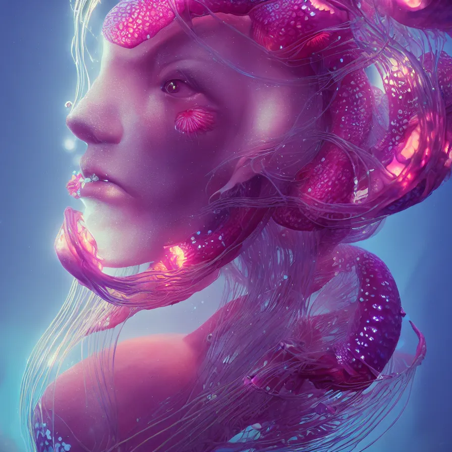 Image similar to goddess close-up portrait. orchid jellyfish phoenix head, nautilus, skull, betta fish, bioluminiscent creatures, intricate artwork by Tooth Wu and wlop and beeple. octane render, trending on artstation, greg rutkowski very coherent symmetrical artwork. cinematic, hyper realism, high detail, octane render, 8k