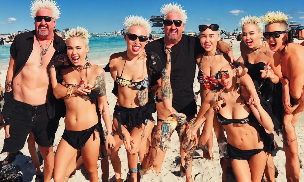 Image similar to olivia munn and miley cyrus and guy fieri on a vacation at the beach