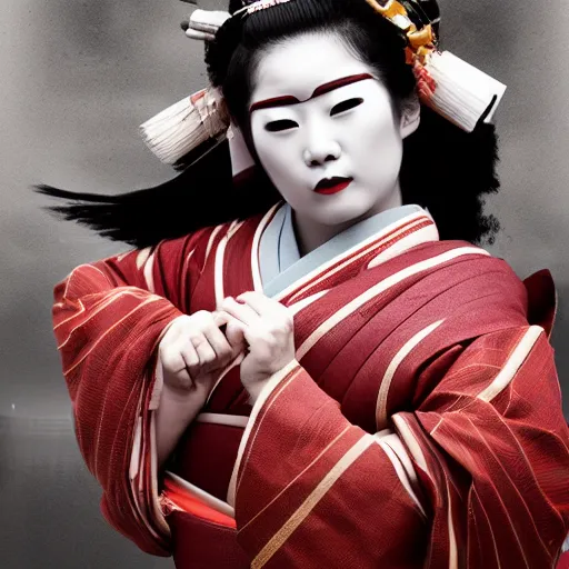 Prompt: geisha as a samurai, in battle, advertising photography