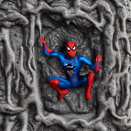 Image similar to spiderman frozen in carbonite, ultra realistic, intricate details, highly detailed, photorealistic, 8 k, vegetation, water, cave