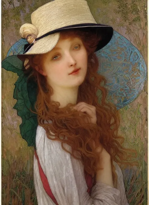 Image similar to leslie burke with straw hat, bouguereau and art nouveau mucha