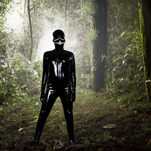 Image similar to national geographic photo, a man wearing a black shiny latex suit including pants and a shirt and mask laying on the ground and crawling through dense jungle underbrush, night photo, low fog and mist