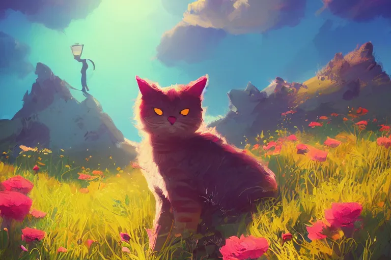 Prompt: a digital art of a cat standing on the top of the hill with flowers around in the afternoon, sunshine, cute, illustration, animal, light effect, highly detailed, by anton fadeev