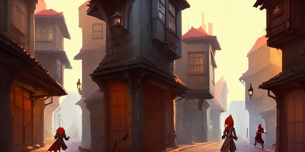 Prompt: an exciting fantasy street battle within a fascinating old city, narrow streets, old buildings, by Sylvain Sarrailh, cinematic, simple but effective composition, clean lines, beautiful digital painting, oil painting, dungeons and dragons, lord of the rings