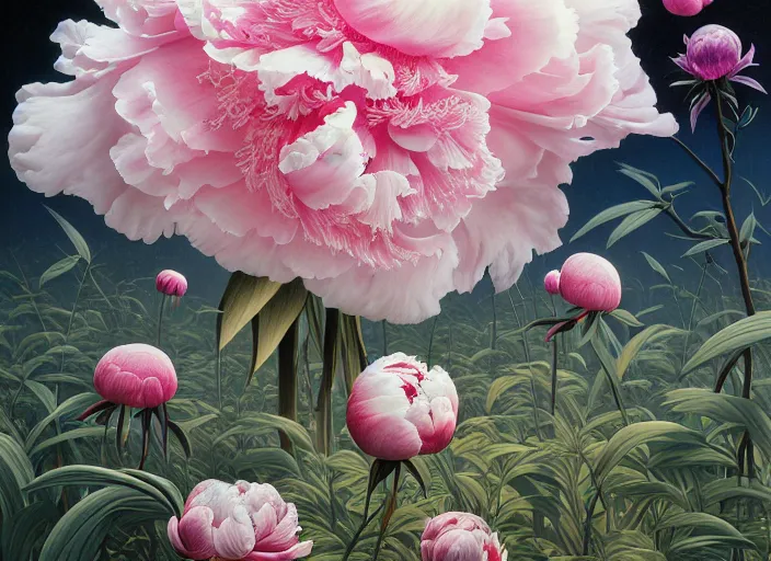 Prompt: beautiful big peonies in a beautiful clearing, by francis bacon, by ayami kojima, by amano, by karol bak, greg hildebrandt, by mark brooks, by alex grey, by zdzisław beksinski, by takato yamamoto, ultra detailed, high resolution, ultra detailed, wrapped thermal background