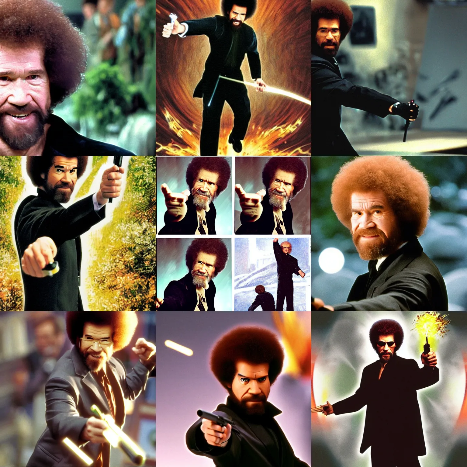 Prompt: action shot of Bob Ross as Neo in the Matrix fighting Agents and stopping bullets