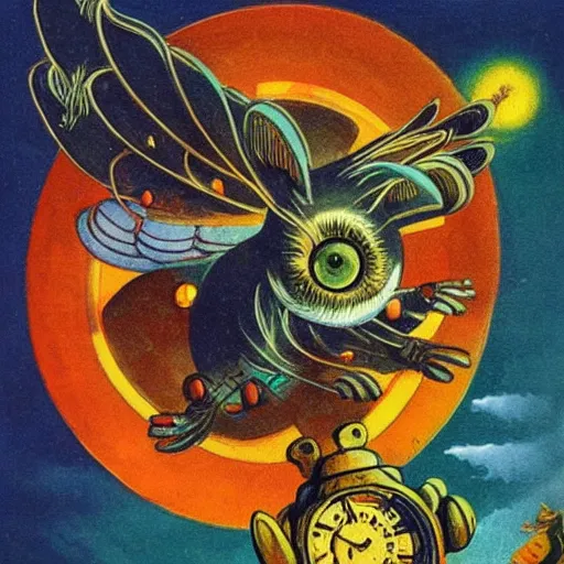 Prompt: a mouse with clockwork wings flying through thick orange clouds, Louis William Wain, sci-fi illustration