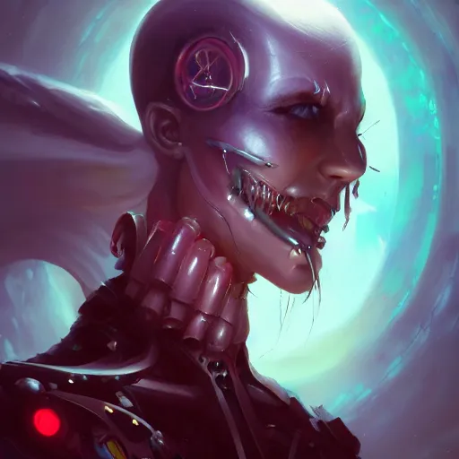 Image similar to portrait of a cybernetic vampire, cyberpunk concept art by pete mohrbacher and artgerm and wlop and greg rutkowski and deathburger, digital art, highly detailed, intricate, sci-fi, sharp focus, Trending on Artstation HQ, deviantart, unreal engine 5, 4K UHD image