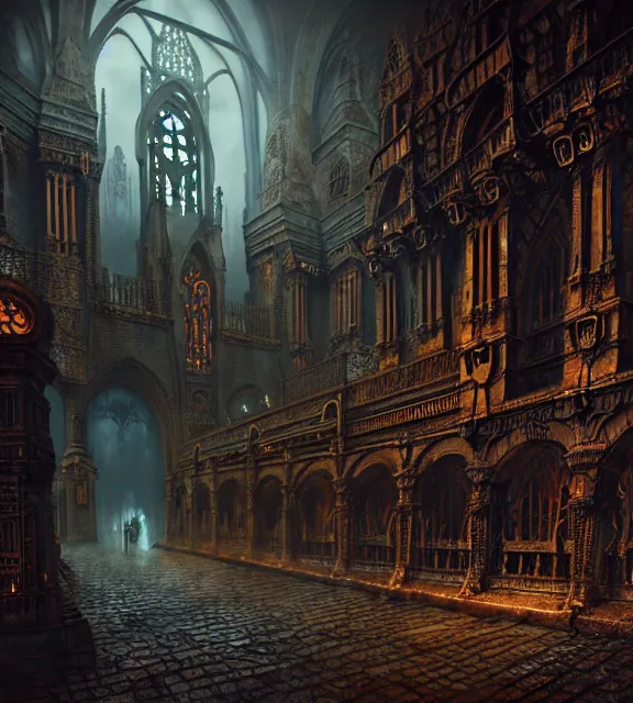 Image similar to steam necropolis, memento mori, gothic, neo - gothic, art nouveau, hyperdetailed copper patina medieval icon, stefan morrell, philippe druillet, ralph mcquarrie, concept art, steampunk, unreal engine, detailed intricate environment, octane render, moody atmospherics, volumetric lighting, ultrasharp, ominous, otherworldly