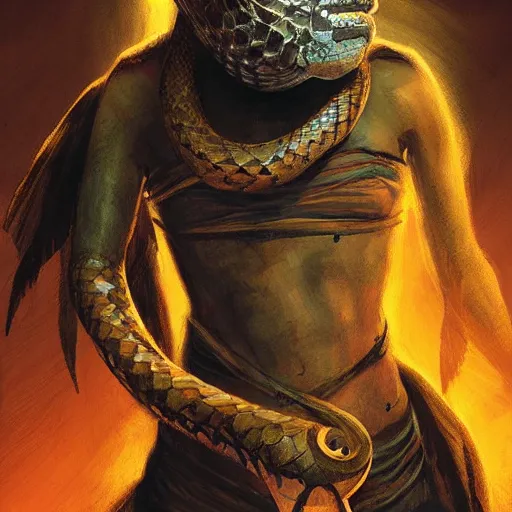 Prompt: a mummy with a snake head, by greg rutkowski, in the style of magic the gathering