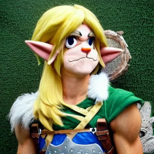 Image similar to a ram dressed up as link, realistic.