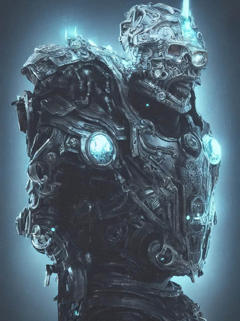 Prompt: hyper - realistic ultra - detailed 3 d render of a cyberpunk lich king by gleb alexandrov and beeple, intricate, octane render, unreal engine, ray tracing, trending on artstation