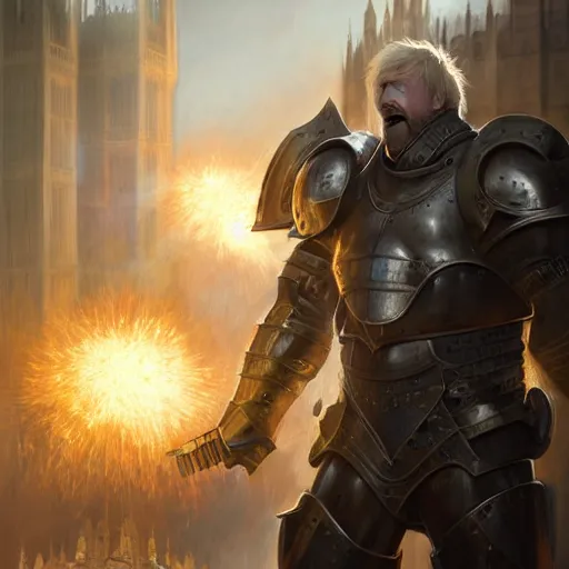 Prompt: boris johnson in armour destroying parliament, anatomy, bathed in light, highly detailed, photorealistic, artstation, smooth, sharp focus, illustration, unreal engine 5, 8 k, art by artgerm and greg rutkowski and edgar maxence