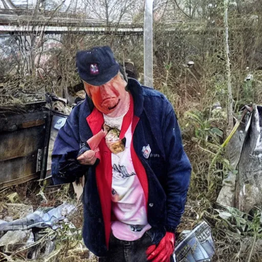 Prompt: homeless Donald Trump in a homeless camp, wearing cheap dirty clothes and maga hat, dirty Donald trump