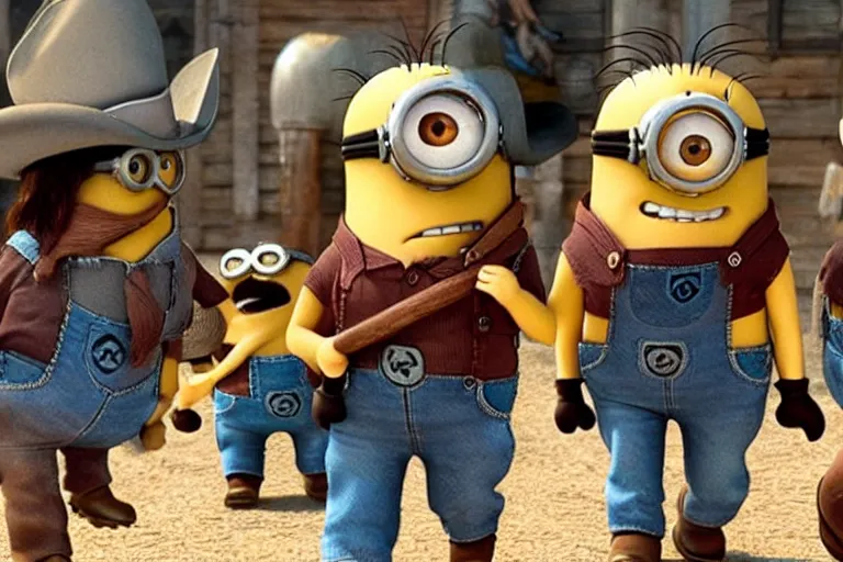 Image similar to minion cowboy saloon shootout, 3 5 mm scene from a western movie, 1 9 8 6, color