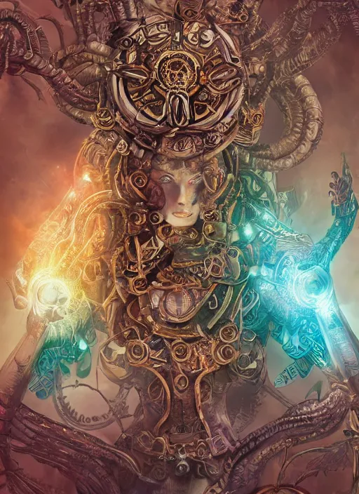 Image similar to ultradetailed ornate sci-fi RPG illustration of a beautiful symmetric Medusa radiating a glowing aura wearing a steampunk armor with much decorum, digital airbrush painting, 3d rim light, hyperrealistic masterpiece, artstation, cgsociety, kodakchrome, golden ratio