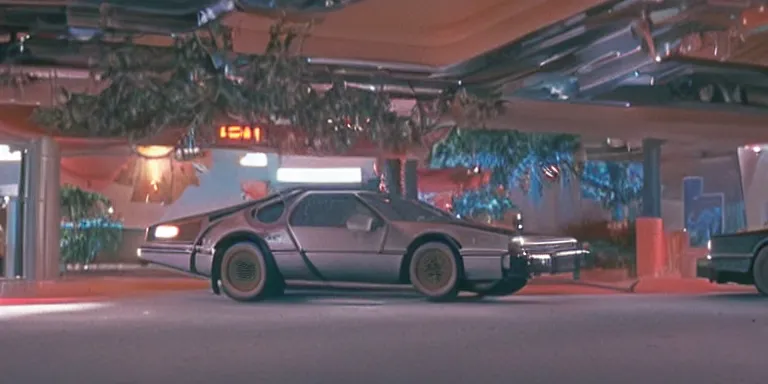 Prompt: Photorealistic close up cinematography of the rear of a the Back To The Future Time Machine reversing down a ramp out of Doc Browns Van at night + filmed on location at at the Twin Pines mall By “Back To The Future” Cinematographer Dean Cundey at night 5