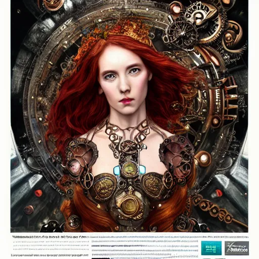 Image similar to A steampunk beautiful goddess, she is redhead, she is embellished with gears wheels and gemstones, by William Holman Hunt, Greg Rutkowski, Stanely Artgerm, Tooth Wu, Peter Gric, Aaron Horkey, trending on Artstation, digital art, mythological, symmetrical artwork, cinematic lighting, hyper realism, high detail, octane render, ultra realistic, golden ratio, 4k, 8k