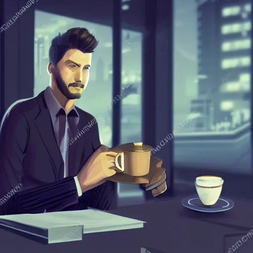 Prompt: handsome startup CEO having a cup of coffee. sci-fi cyberpunk concept art