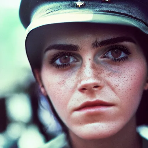 Prompt: film still, close up, portrait, emma watson soldier, vietnam patrol boat, kodak ektachrome, blue tint expired film,