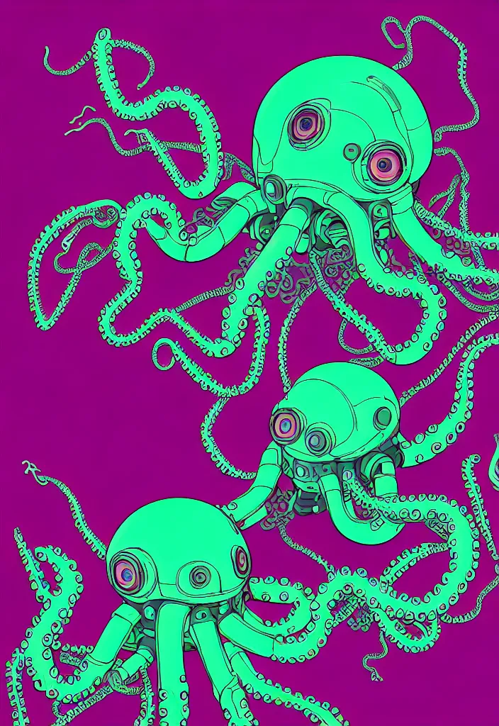 Prompt: robotic cyberpunk octopus by miyazaki, green purple red color palette, symmetrical vector illustration, kenneth blom, mental alchemy, james jean, pablo amaringo, naudline pierre, contemporary art, hyper detailed