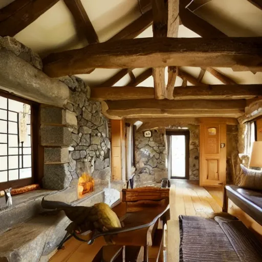 Image similar to interior of cozy stone cottage with english and japanese style, forest theme