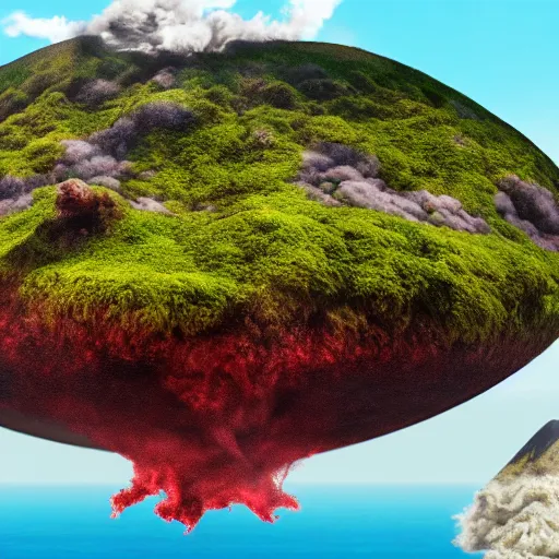 Prompt: hyper realistic surreal landscape with a active volcano on an island with flying rabbits 4 k