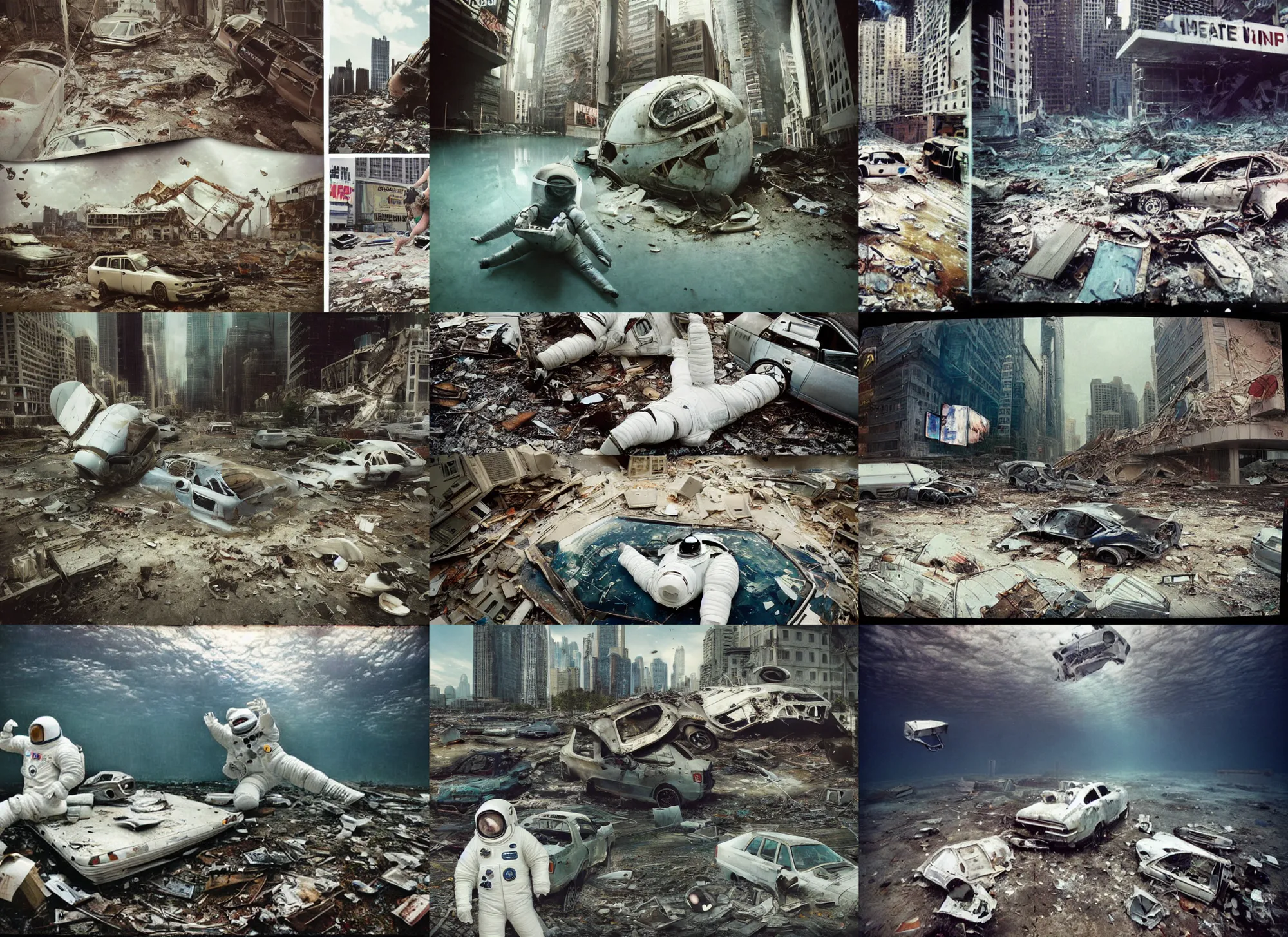 Prompt: very realistic photographs of american white spacesuit chubby astronaut in postapocalyptic abandoned destroyed giant flood times square, wrecked buildings, destroyed flipped wrecked cars, underwater polaroid photo, vintage, neutral colors, underwater, by shawn heinrichs and gregory crewdson