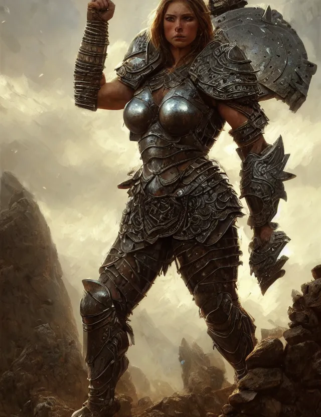 Image similar to muscular female warrior princess wearing heavy plate armor, robust stocky body, at the stone ruins, rpg artwork, hyperdetailed, hyperrealistic, soft light, imposing presence, pino daeni and dan mumford, artstation, intricate metal, smooth, sharp focus