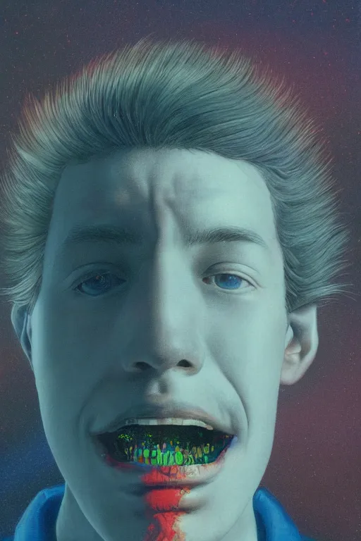 Image similar to a scifi closeup portrait of a young british man licking a blotter paper of LSD acid on his tongue and dreaming psychedelic hallucinations in cosmos, by kawase hasui, moebius, Edward Hopper and James Gilleard, Zdzislaw Beksinski, Steven Outram colorful flat surreal design, hd, 8k, artstation