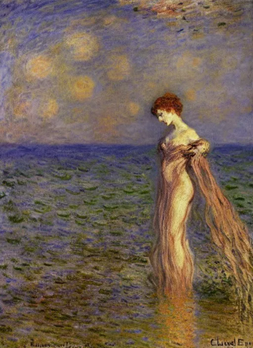 Image similar to long female dress abandoned on the bottom of the sea, art by claude monet