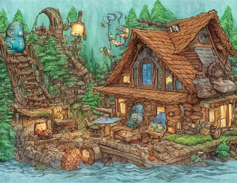 Prompt: cute and funny, a cozy cabin carved into a mountain, heavy rain, ratfink style by ed roth, centered award winning watercolor pen illustration, isometric illustration by chihiro iwasaki, edited by range murata, tiny details by artgerm and watercolor girl, sharply focused