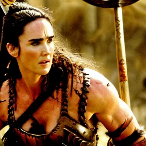 Image similar to jennifer connelly as a barbarian warrior, battle scene