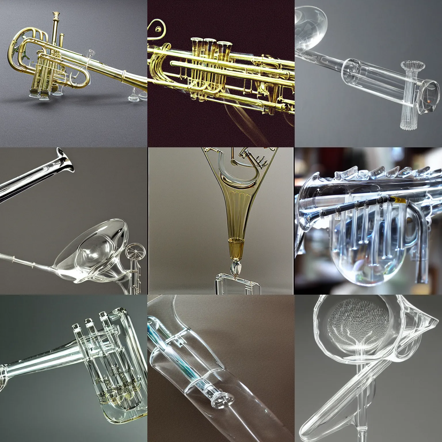 Prompt: a transparent glass trumpet, high detail